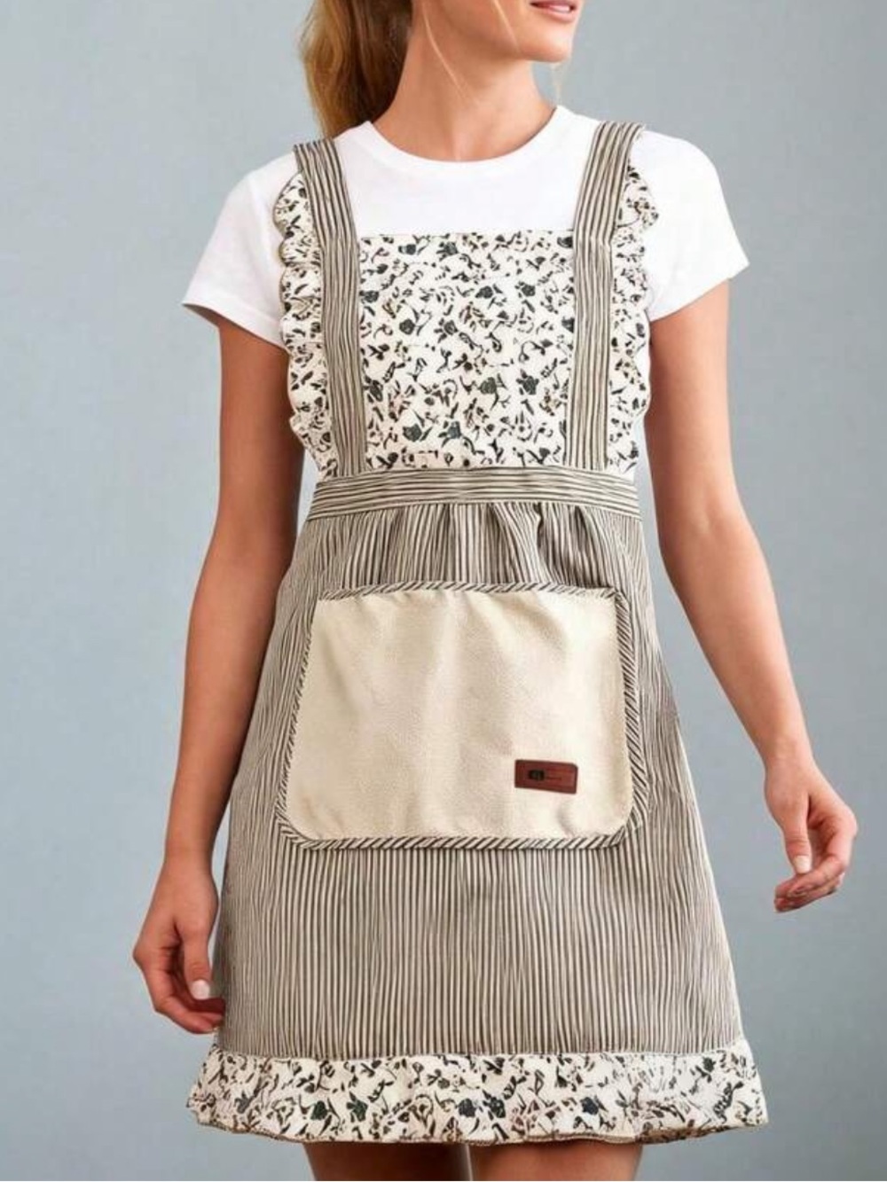 Striped and Floral Apron - Cream and green